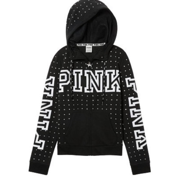 PINK VS RHINESTONE BLING PULLOVER FULL ZIP HOODIE Black XS - Picture 1 of 6